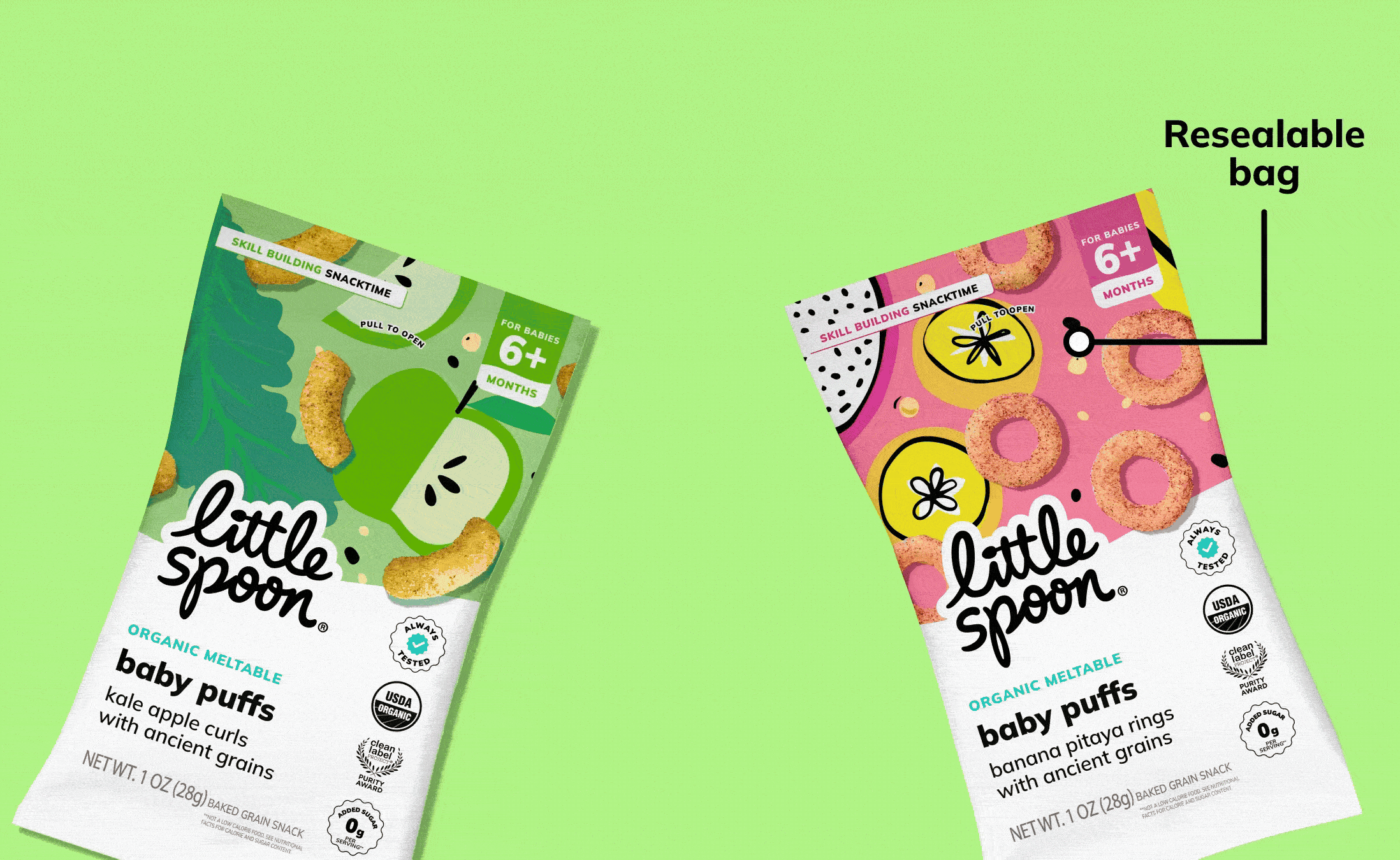 An animated GIF of two Puffs bags - Organic Kale Apple curls and Organic Banana Pitaya Rings with the Puffs spilling out. Key features are written on screen, highlighting the resealable bag, 2 unique shapes, quick dissolve, rice free, seed free, and top 9 allergen free.