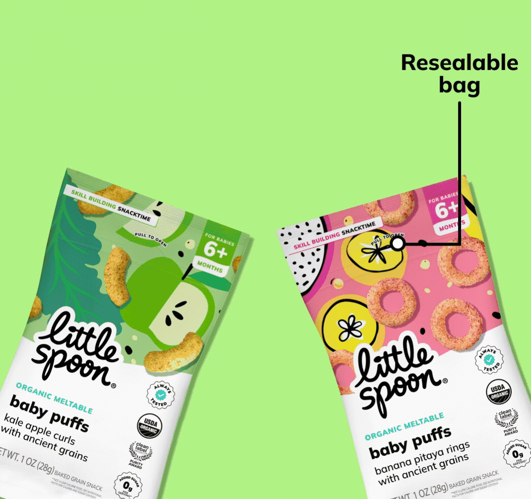 An animated GIF of two Puffs bags - Organic Kale Apple curls and Organic Banana Pitaya Rings with the Puffs spilling out. Key features are written on screen, highlighting the resealable bag, 2 unique shapes, quick dissolve, rice free, seed free, and top 9 allergen free.