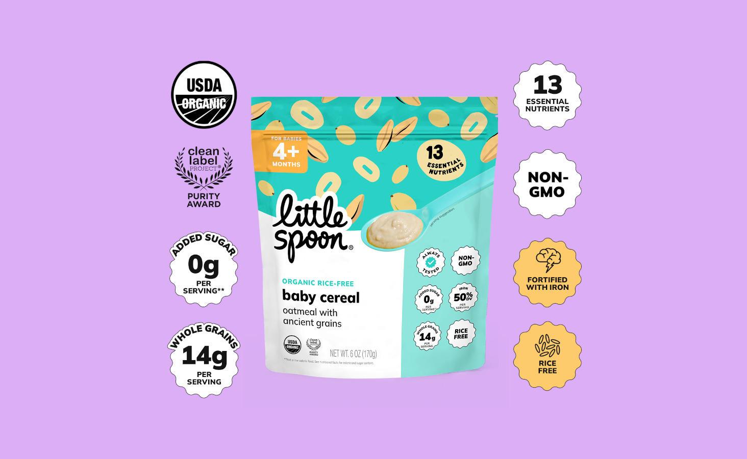 Little Spoon Organic Oatmeal baby cereal packaging on a light blue background, labeled for 4+ months with benefits like USDA Organic, 0g added sugar, 14g whole grains, and allergen-free.