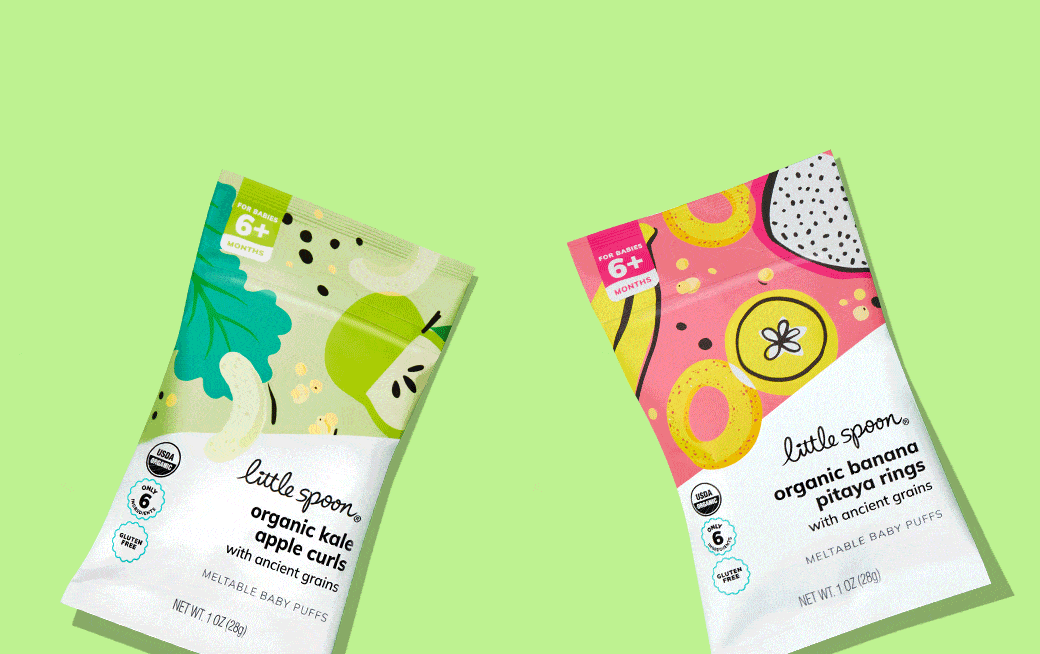 An animated GIF of two Puffs bags - Organic Kale Apple curls and Organic Banana Pitaya Rings with the Puffs spilling out. Key features are written on screen, highlighting the resealable bag, 2 unique shapes, quick dissolve, rice free, seed free, and top 9 allergen free.