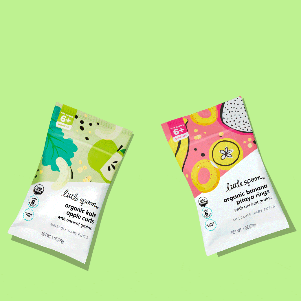 An animated GIF of two Puffs bags - Organic Kale Apple curls and Organic Banana Pitaya Rings with the Puffs spilling out. Key features are written on screen, highlighting the resealable bag, 2 unique shapes, quick dissolve, rice free, seed free, and top 9 allergen free.