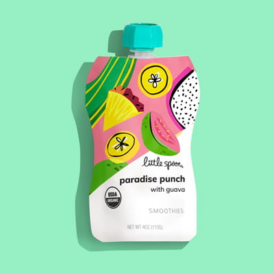 One Little Spoon smoothie pouch on a green background